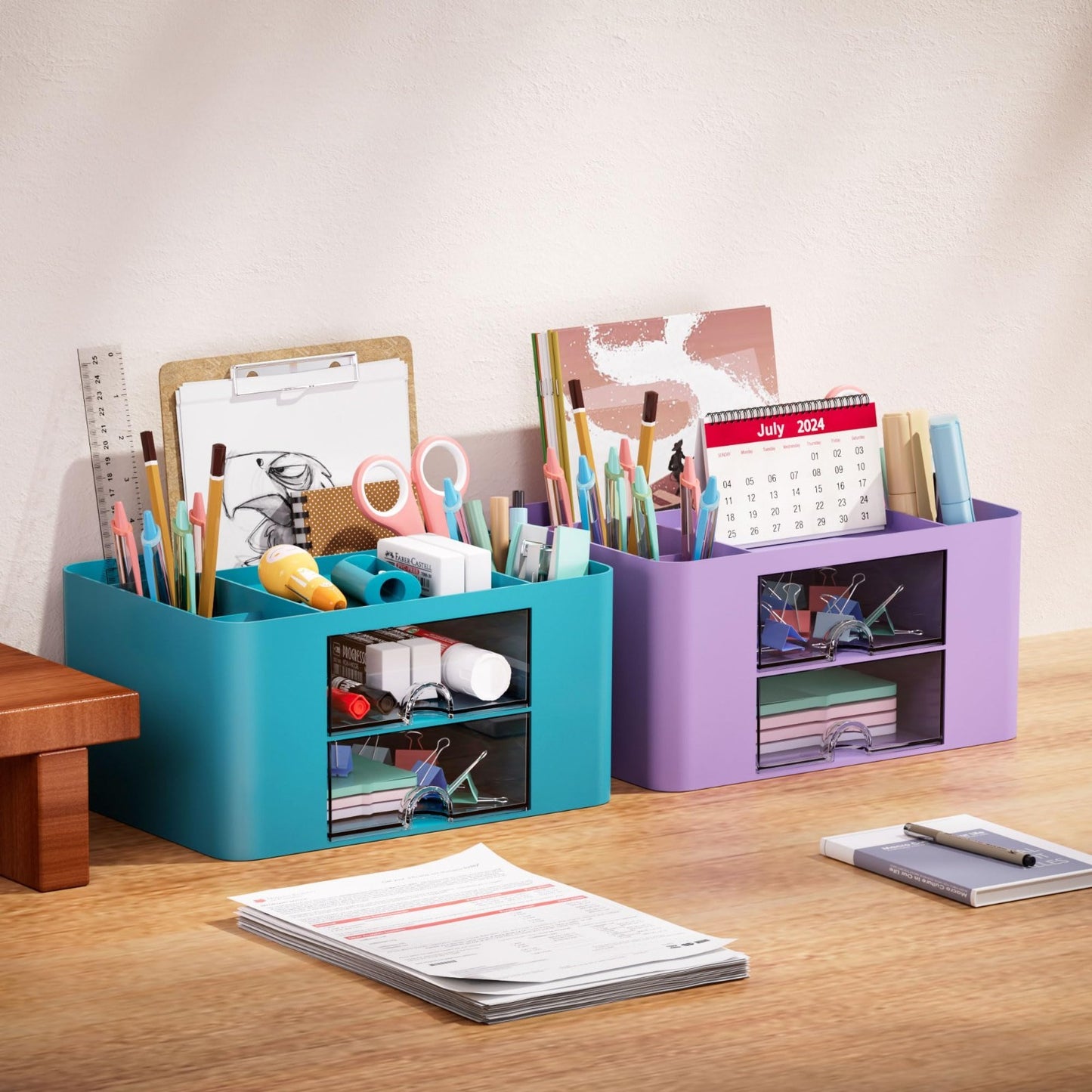 Multi Functional Desk Organizer with 2 Drawers, 5 Compartments for Art Supplies4