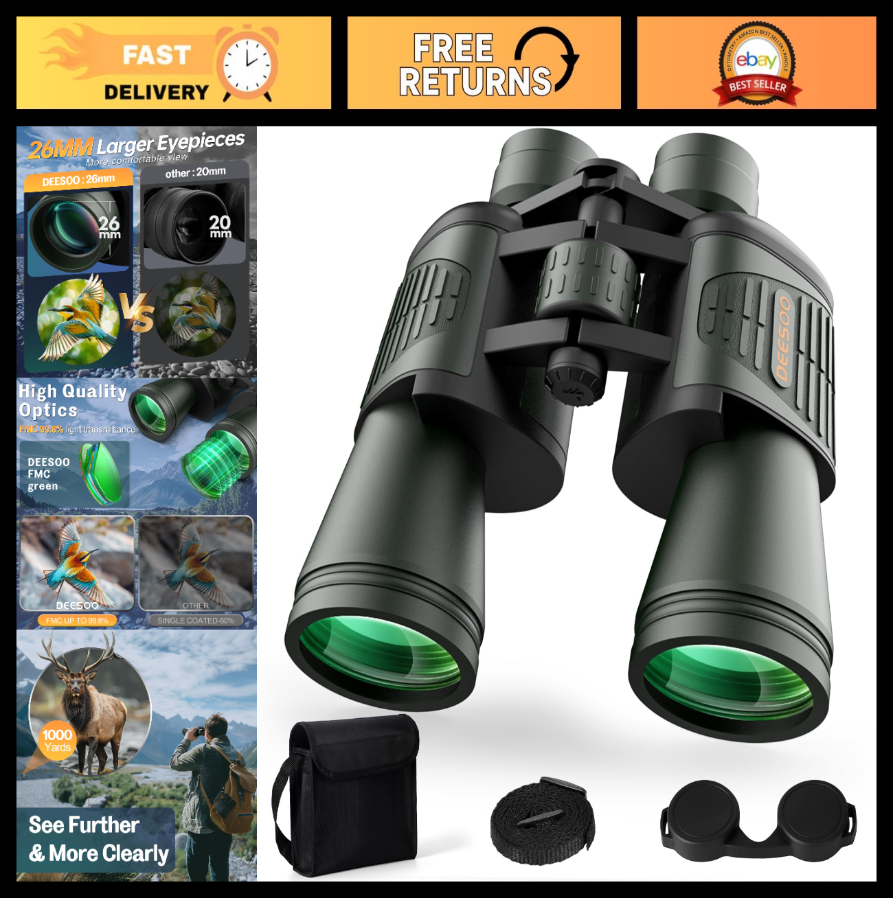 High-Powered 20x52 Binoculars - HD Large View, Low Light Vision for Hunting, Bir0