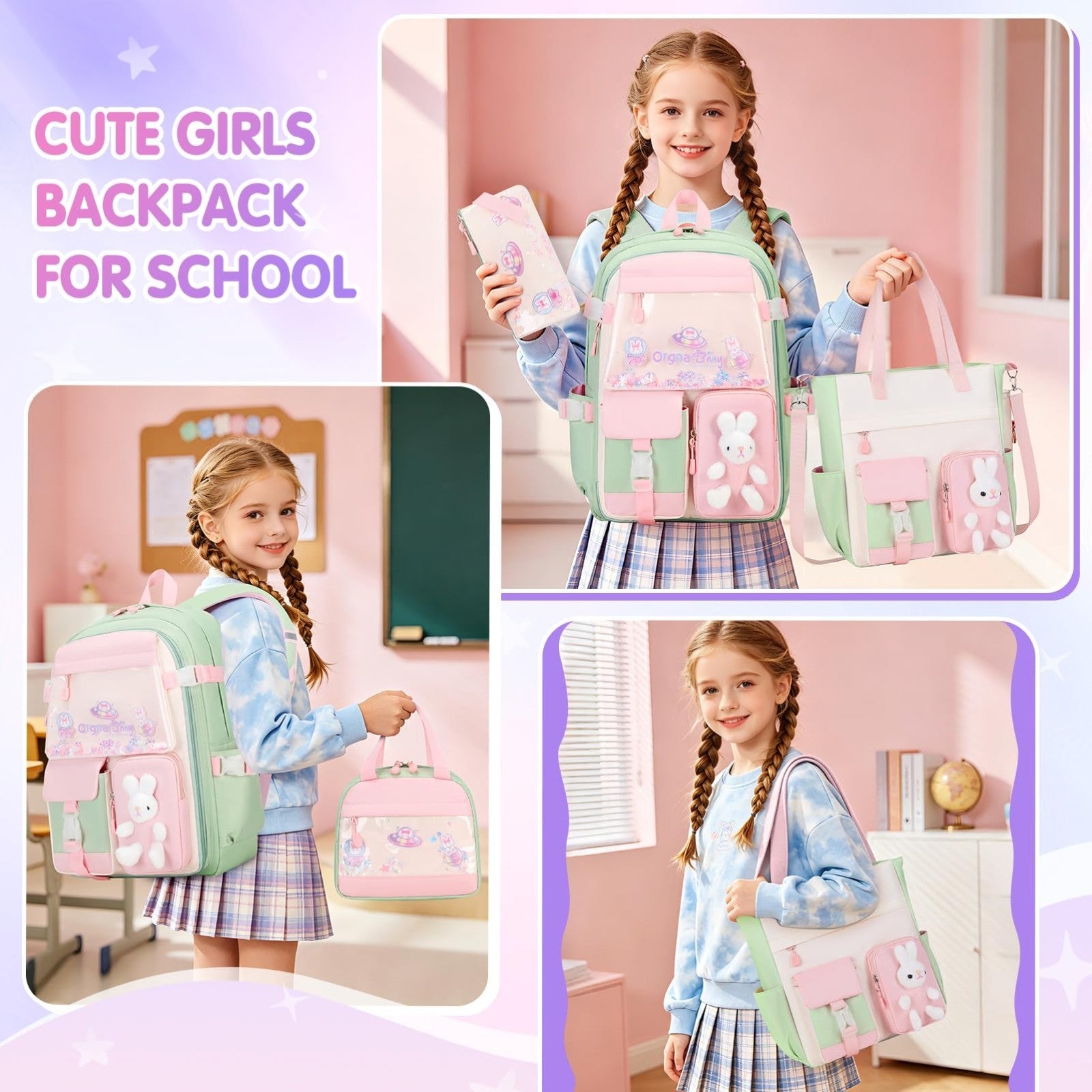 Kawaii Bunny Girls Backpack Set 4PCS   Tote, Lunch Box, Pencil Case   School Bag7
