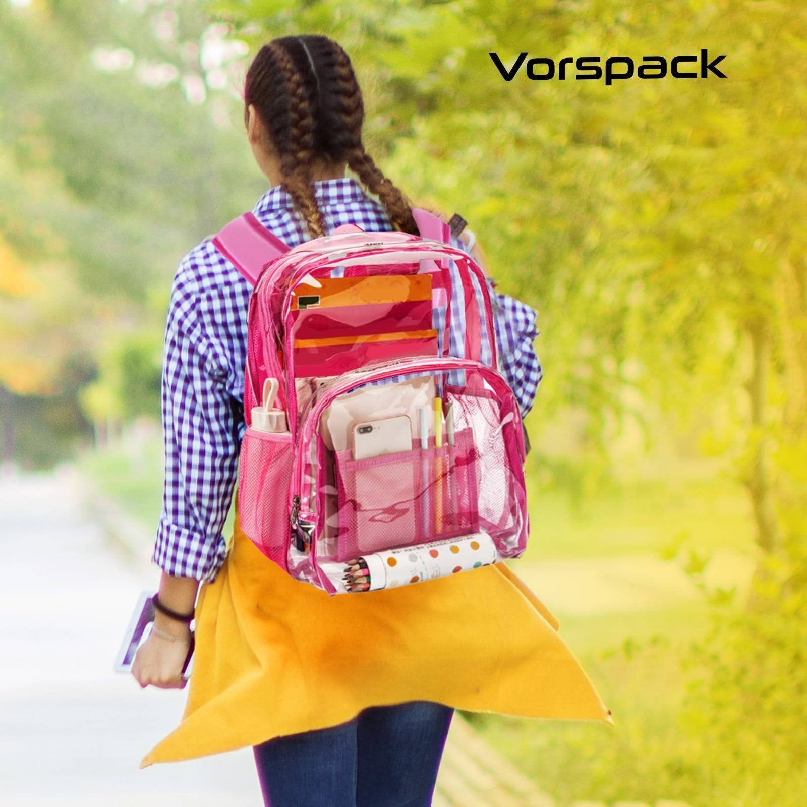 Clear PVC Backpack Heavy Duty Transparent Bag with Reinforced Straps - Pink, Lar2