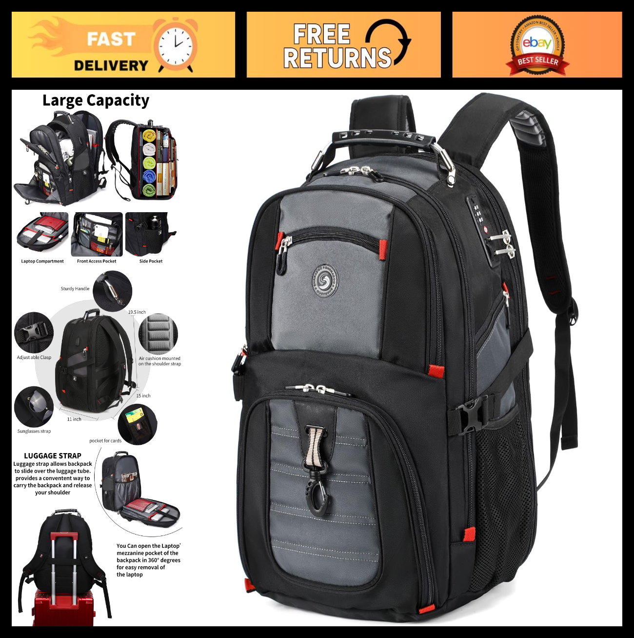 Extra Large Travel Laptop Backpack for Men, College Work Bag, Durable & Stylish0