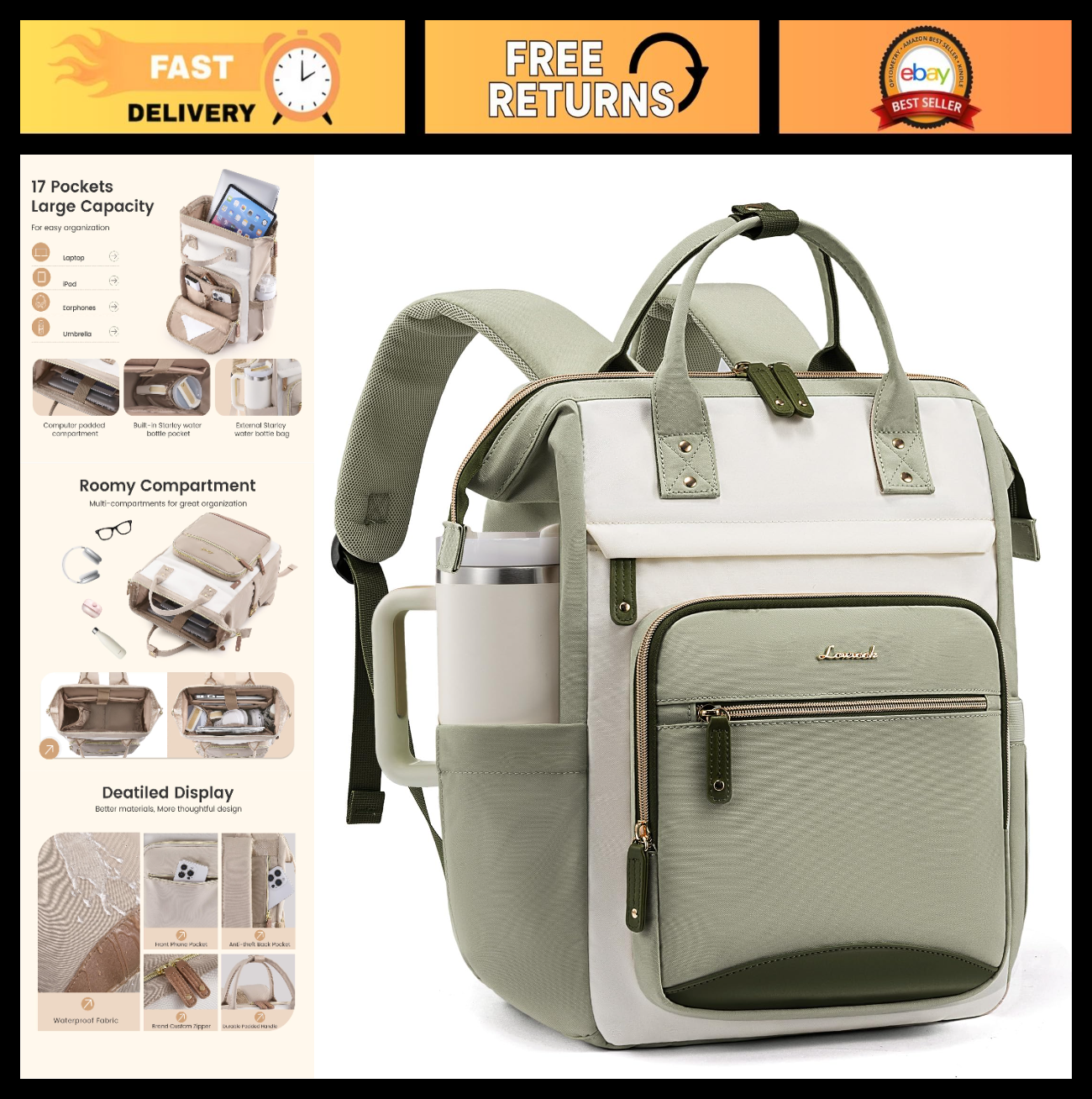 Stylish Waterproof Laptop Backpack for Women, 15.6" Large Capacity Work Bag, Cup0