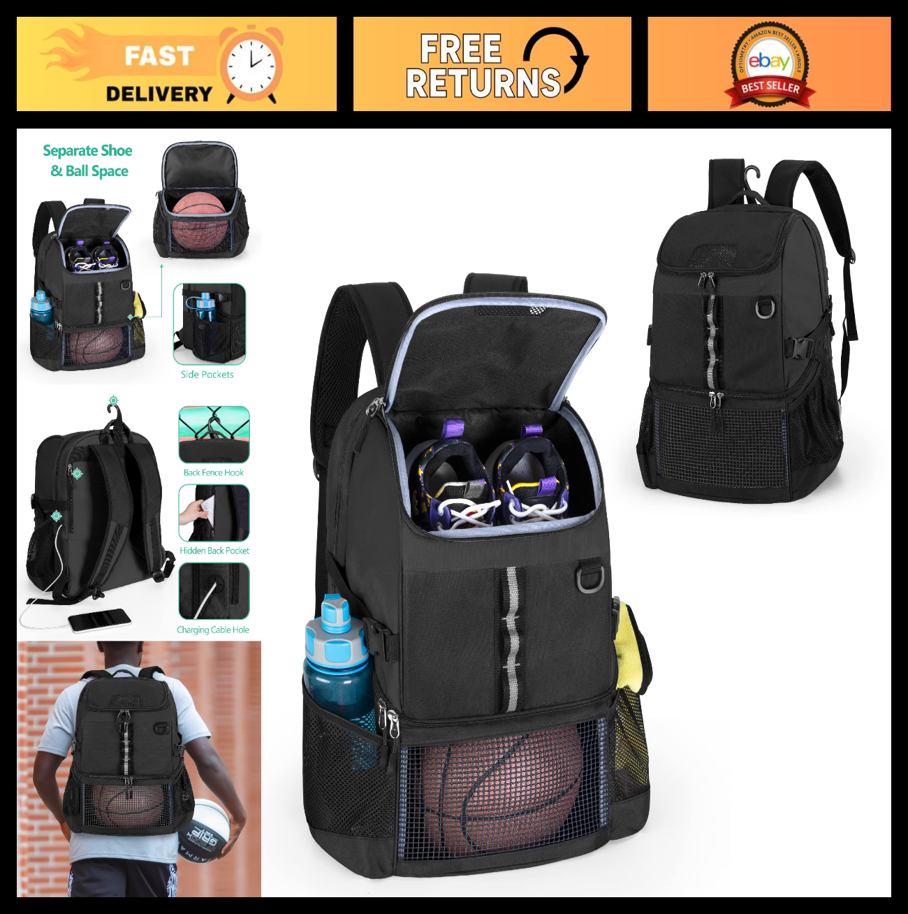Basketball Backpack with Ball & Shoe Compartment, Multi Sport Sports Bag0