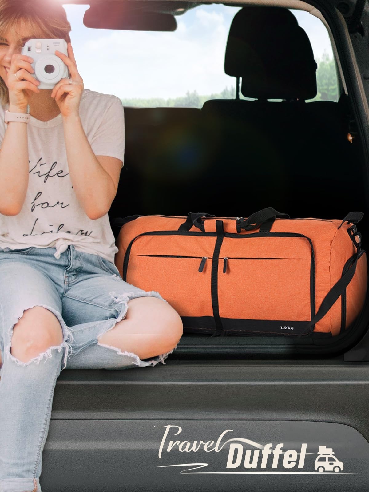 Large 80L Foldable Travel Duffel Bag with Shoe Compartment & Straps, Weekend Car2