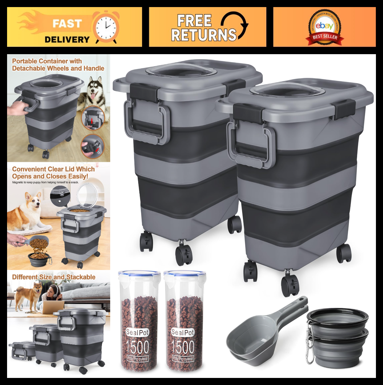 Airtight Dog & Cat Food Storage Container 2 Pack, 25 lbs, Collapsible, Wheels &0