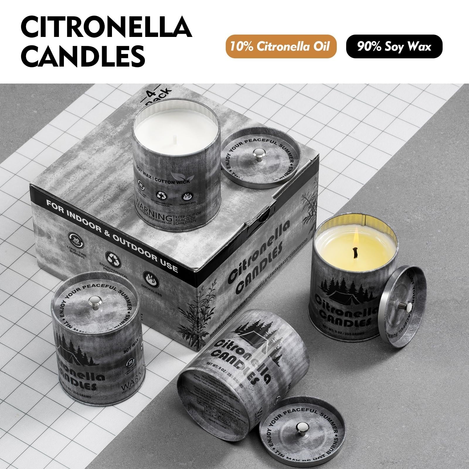 Set of 4 Citronella Candles, 9oz Each, Long-Lasting 40+ Hours, Smokeless Soy Wax3