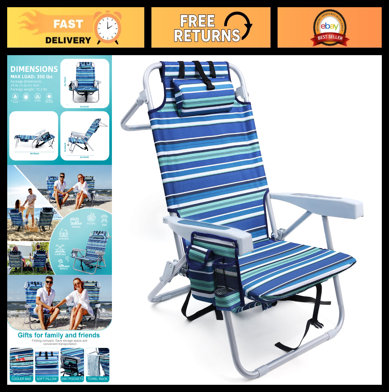 Compact Portable Beach Chair for Adults - Heavy Duty Folding Chair with Cooler P0