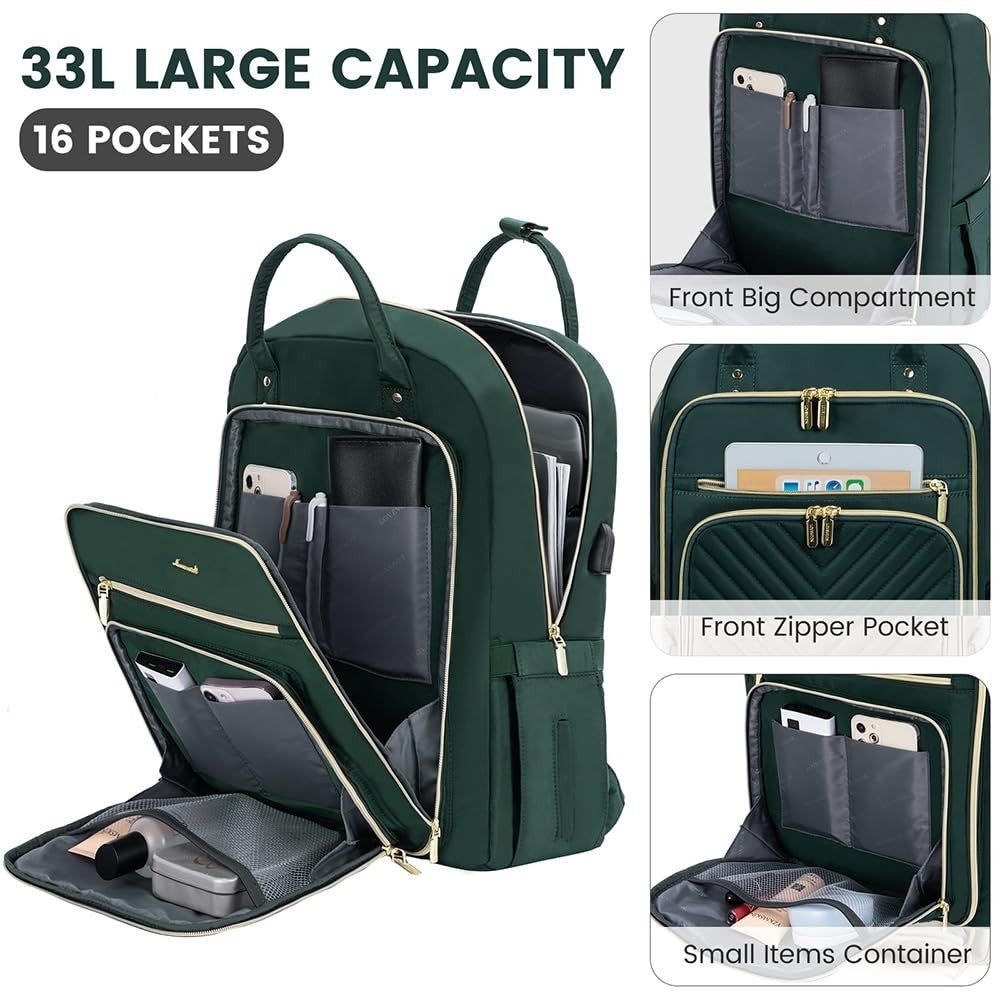 Stylish Water Resistant Laptop Backpack for Women, USB Charging, Travel Work Bag3
