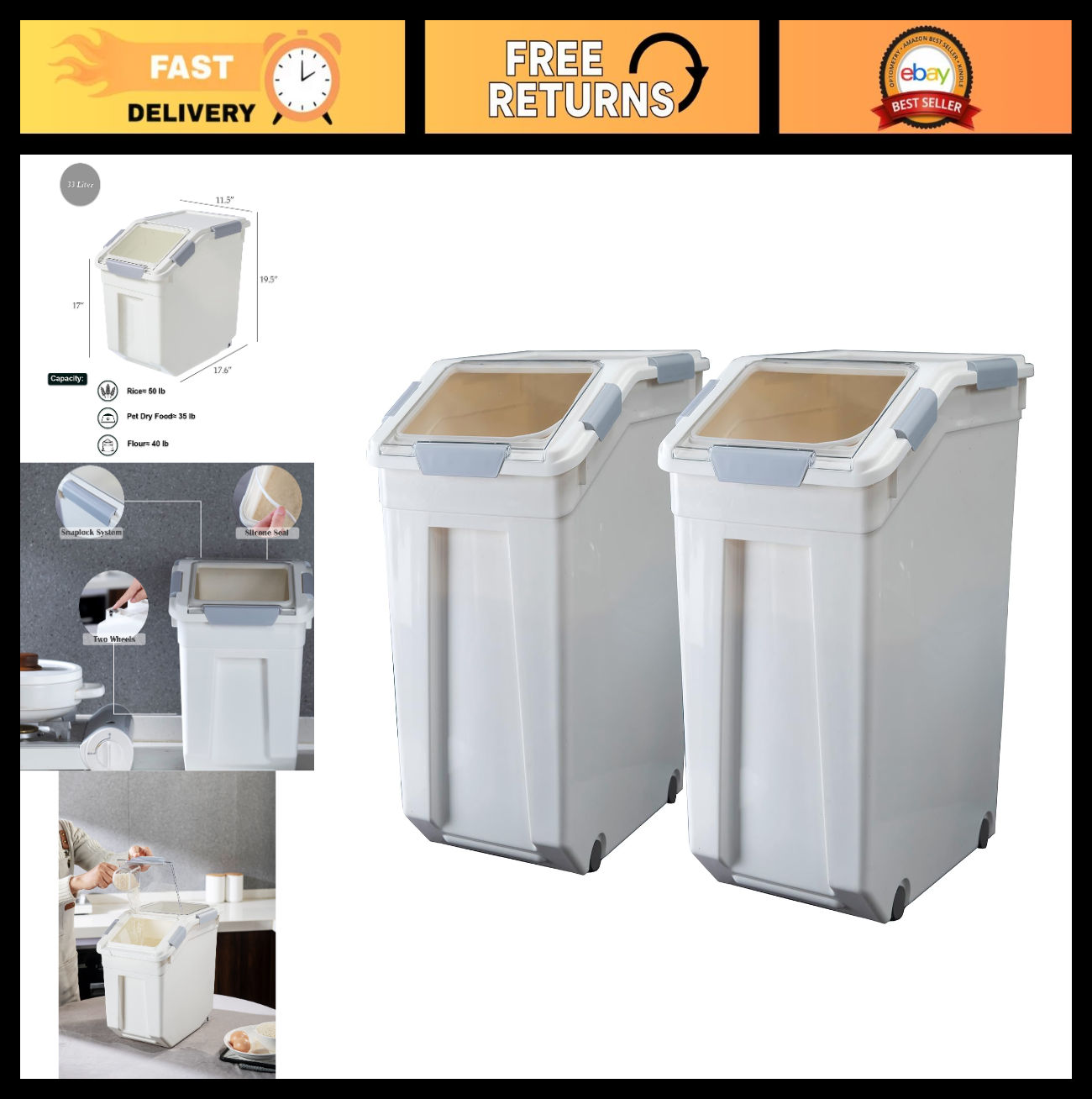 33L Rice Storage Container with Measuring Cup, BPA Free, 2 Pack for Grains & Pet0