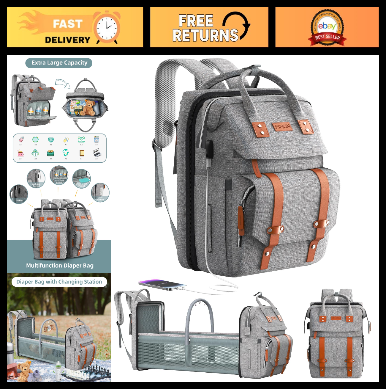 Diaper Bag Backpack with Changing Station, Stylish Baby Shower Gift, Grey0