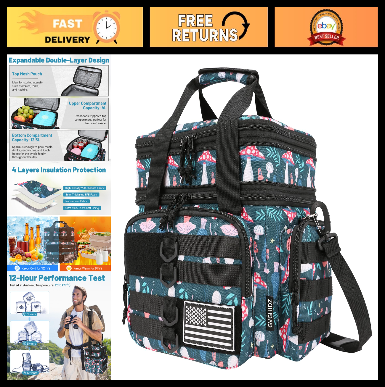 Insulated Tactical Lunch Bag - Large Leakproof Cooler with Dual Compartments, Wa0