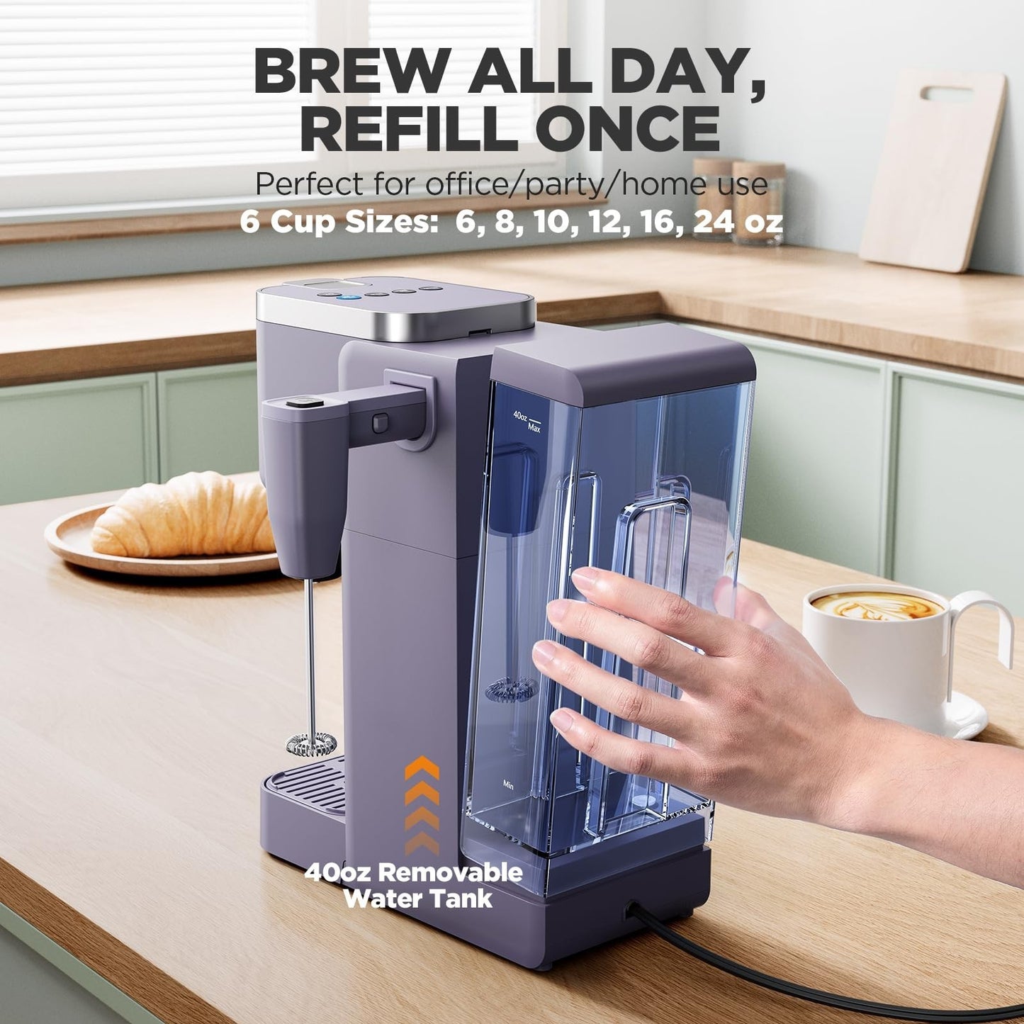Single Serve Coffee Maker with Milk Frother, 40oz Tank, 6 Brew Sizes, BPA Free6