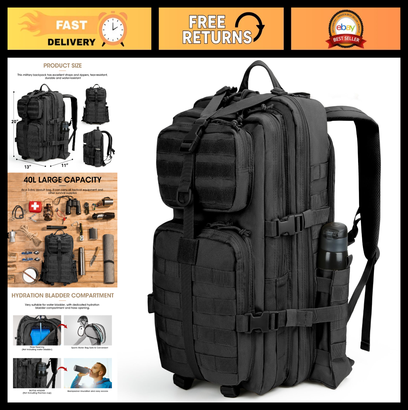 Tactical Military Backpack for Men   3 Day Survival Gear, Black, Outdoor Travel0