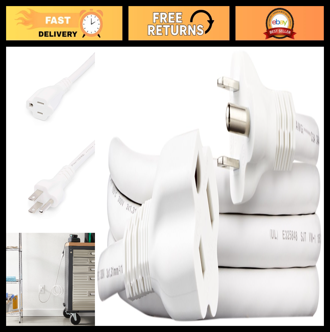 6 Ft Indoor Extension Cord, 3 Prong Outlet Extender, 13 Amps, 125V, White0