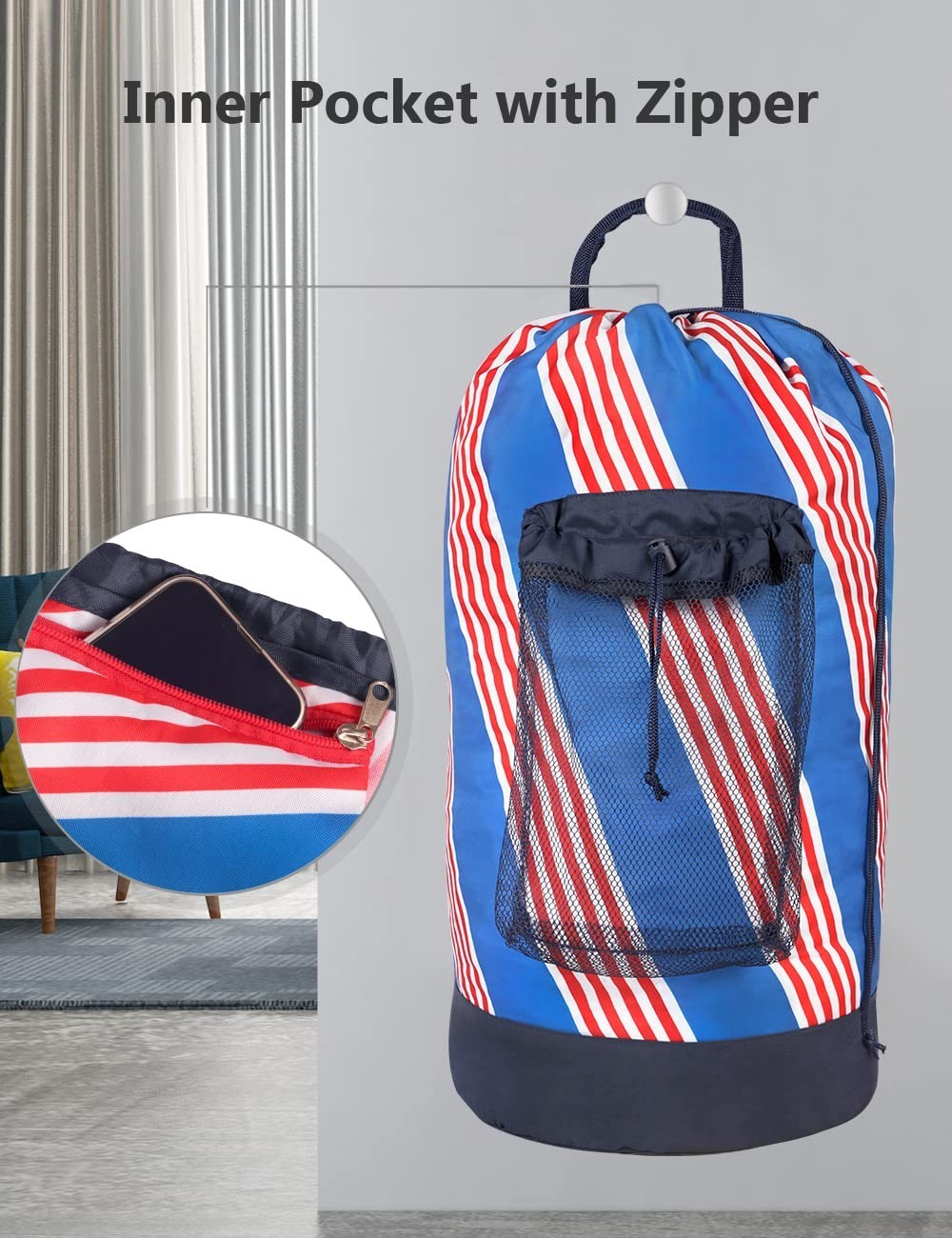 Durable Nylon Backpack Laundry Bag with Shoulder Straps & Mesh Pocket - Ideal fo4