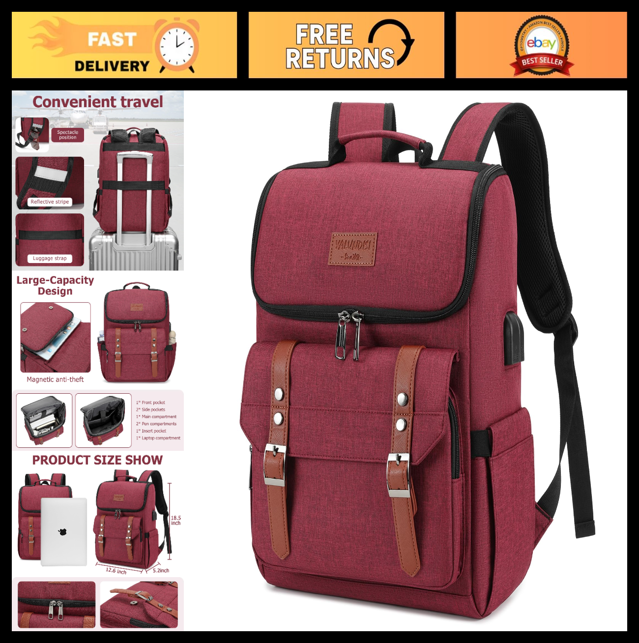 Vintage Travel Laptop Backpack with USB Charging Port for 15.6" Laptops - Red Br0