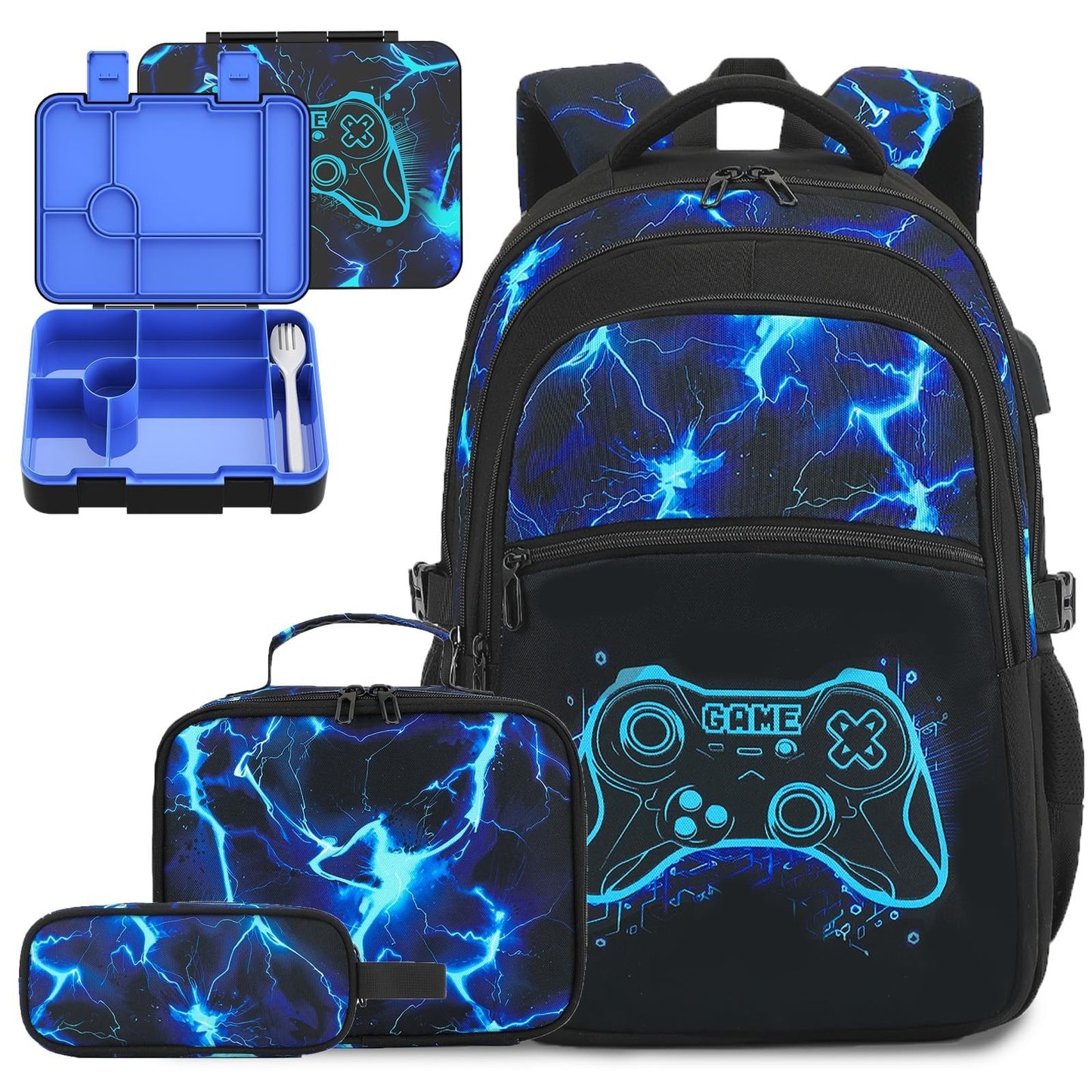 Cool Luminous Gamer Backpack Set for Boys   6PCS with Lunch Bag & Pencil Case, S1