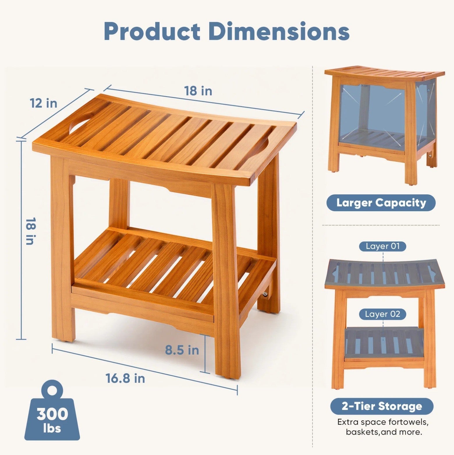 Wooden Shower Stool 18IN/14IN Waterproof Bench with Storage Shelf & Handles, 3002