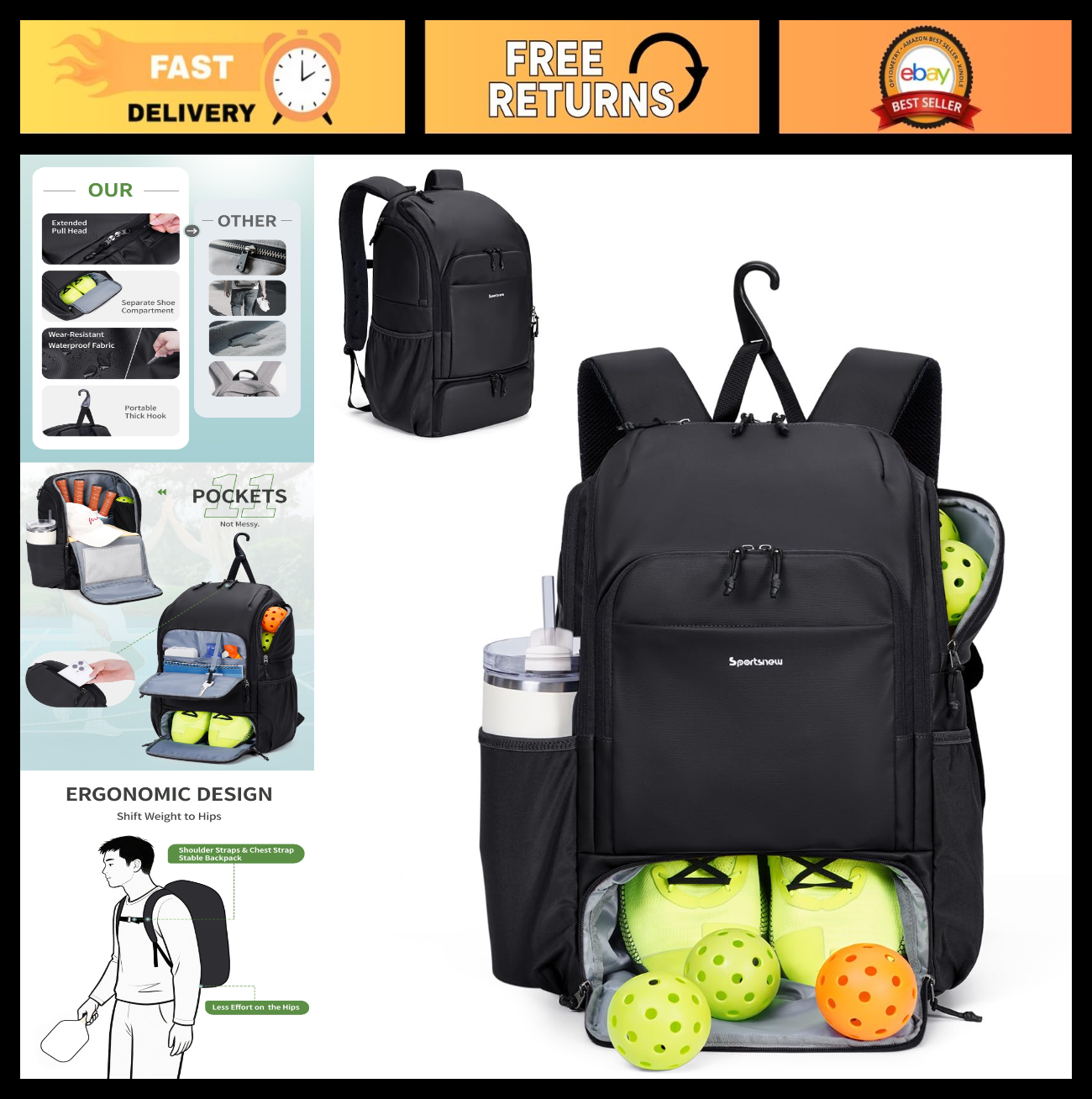 Waterproof Pickleball Bag with Shoe Compartment & Fence Hook | 30L, 2 Pockets, A0