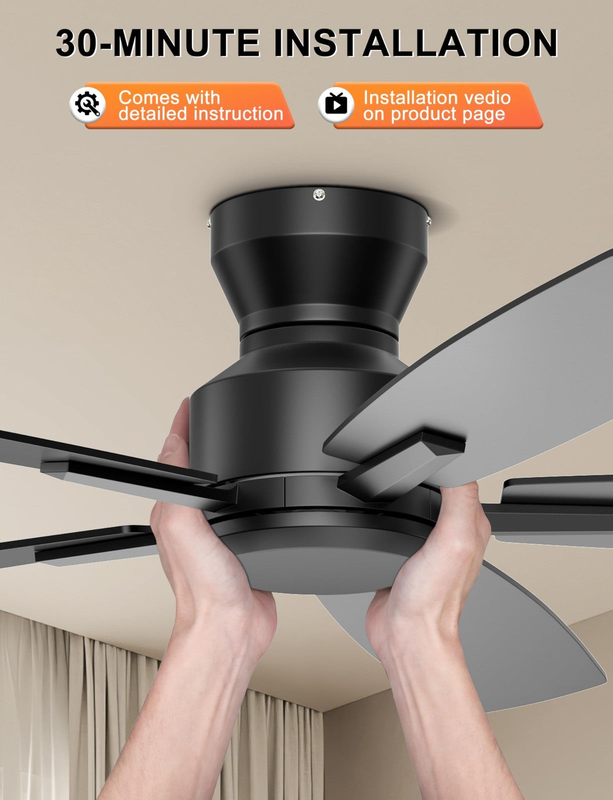 52" Low Profile Ceiling Fan   No Light, Remote/APP Control, Quiet DC Motor, 45805