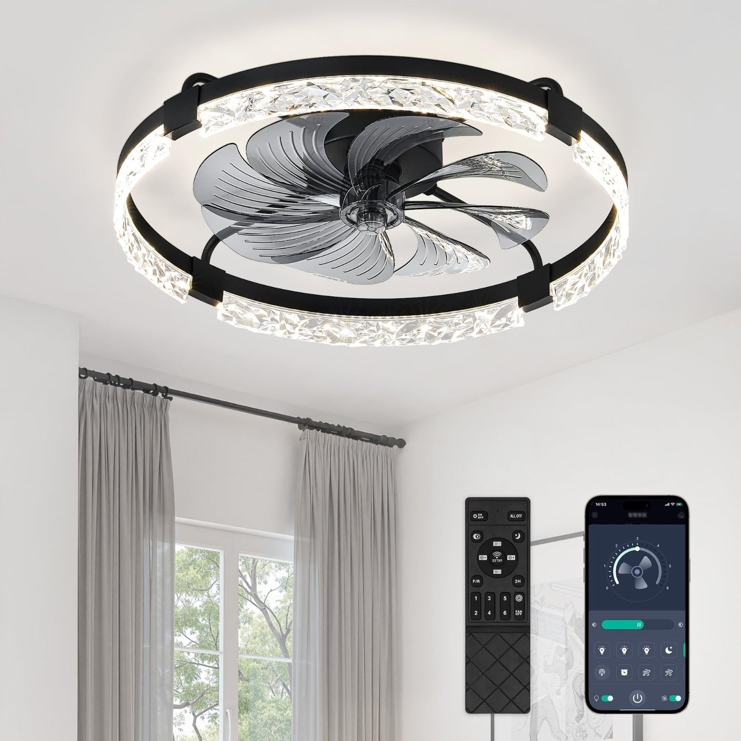 24" LED Ceiling Fan with Lights & Remote   Dimmable, 6 Speeds, Flush Mount, Time1