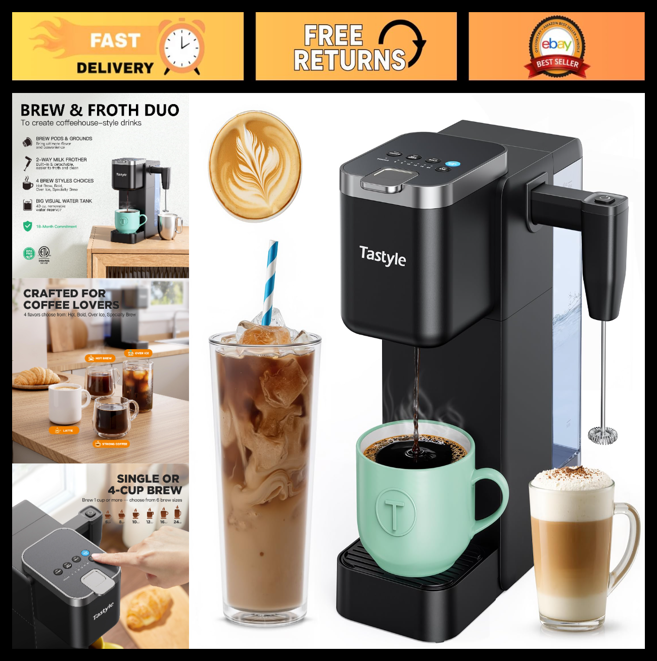 Single Serve Coffee Maker with Milk Frother, 40oz Tank, 6 Brew Sizes, BPA Free0