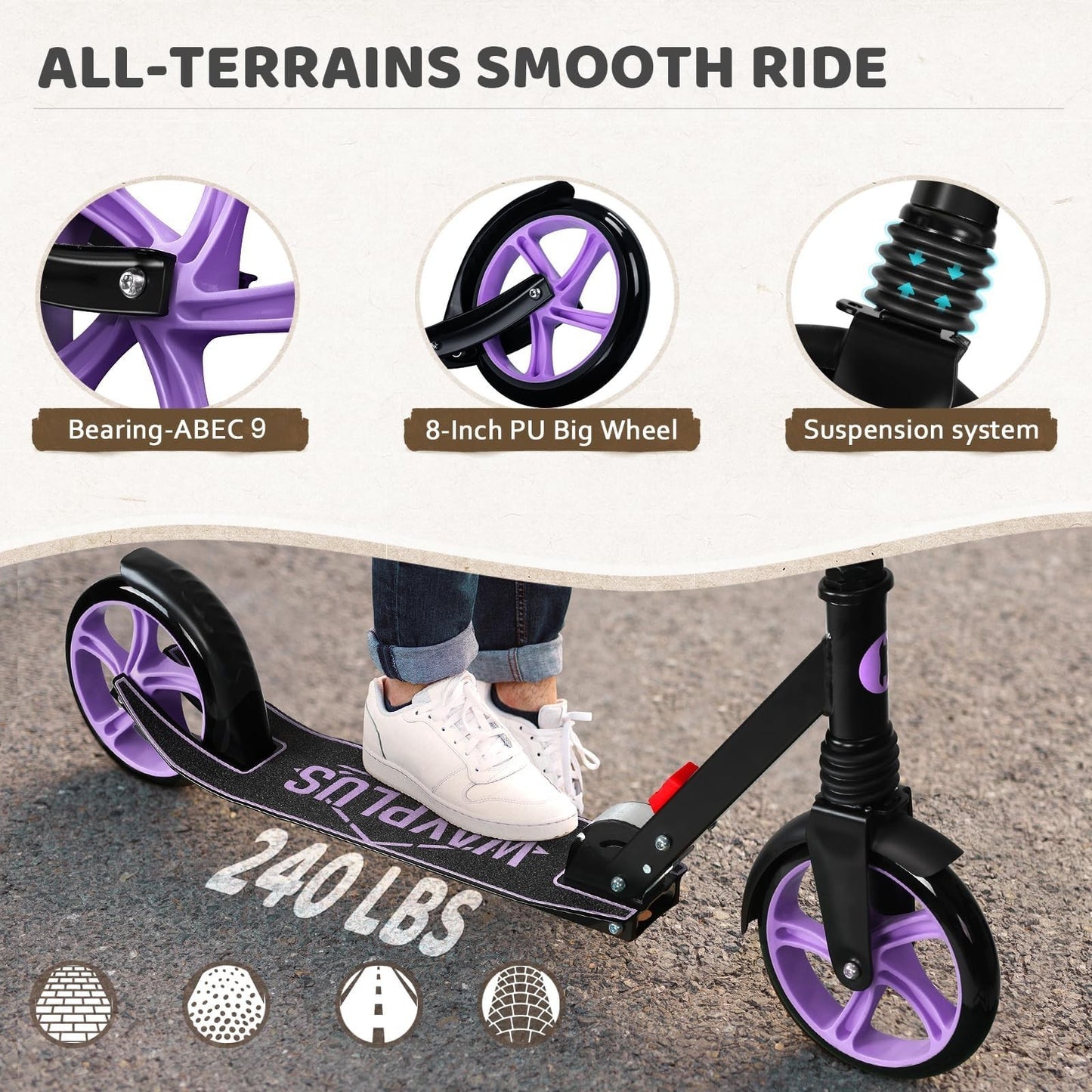 Kick Scooter for Kids, Teens & Adults - 8" Big Wheels, 240lb Weight Capacity2