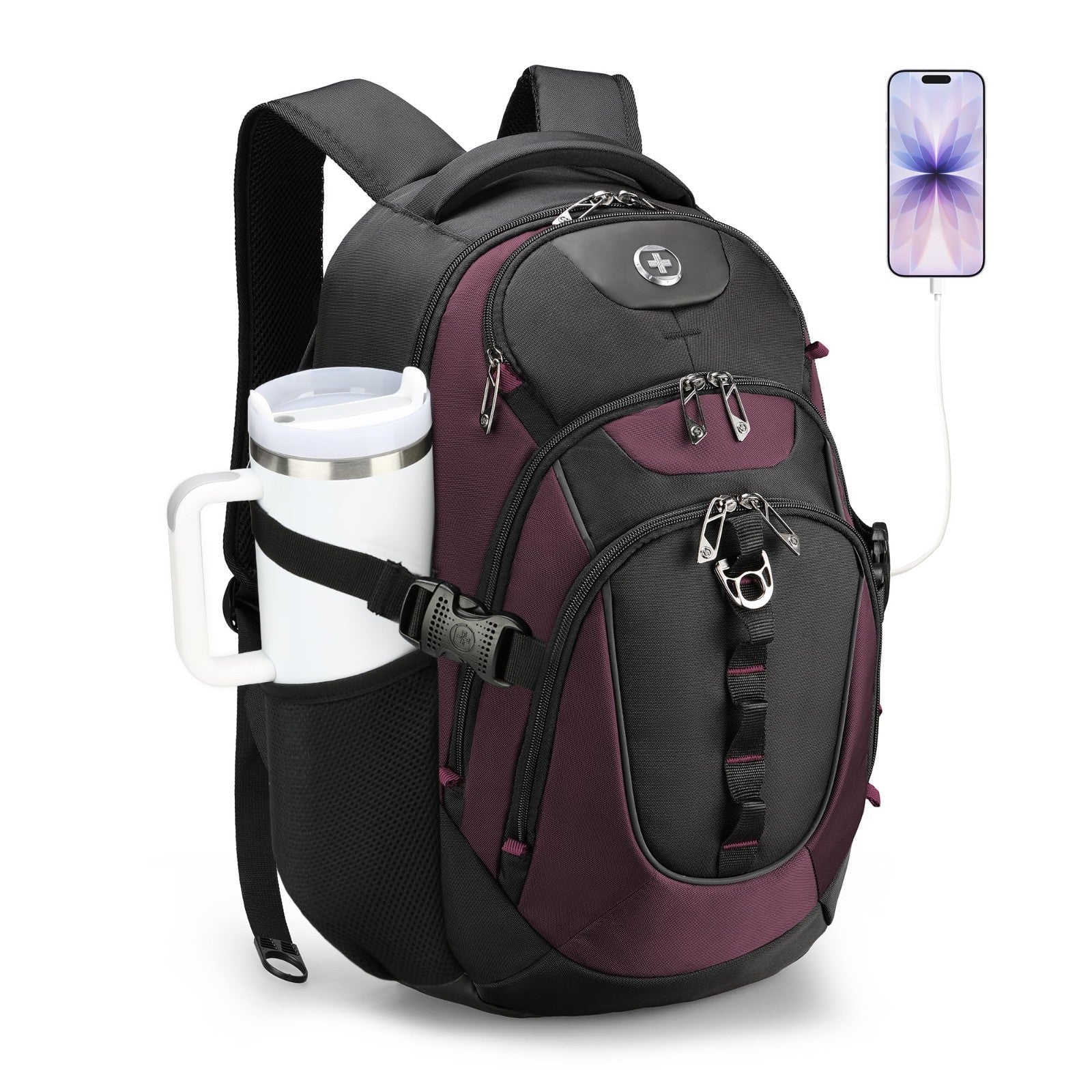 Stylish Travel Laptop Backpack with USB Charging, Fits 15.6" Computer, 31L, Red/1