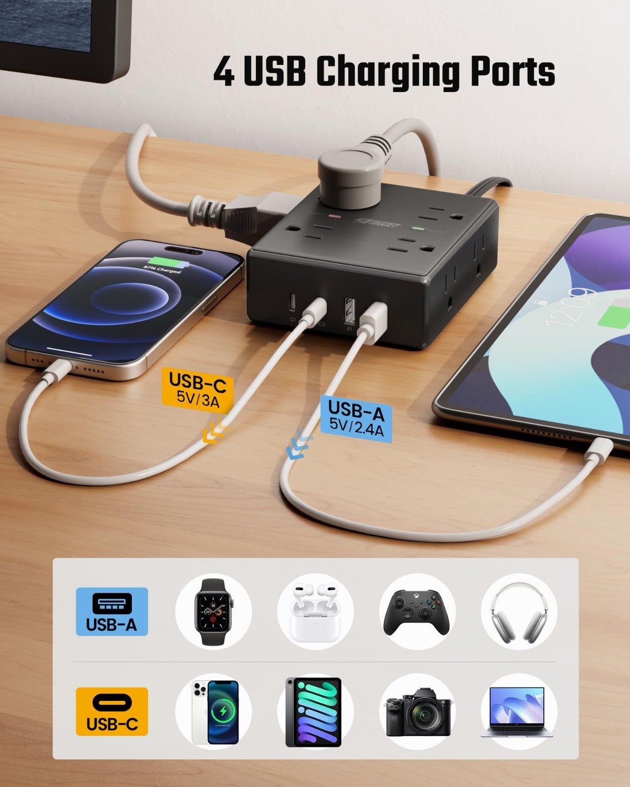 15Ft Flat Plug Extension Cord with Surge Protector Power Strip   Heavy Duty, 6 O3