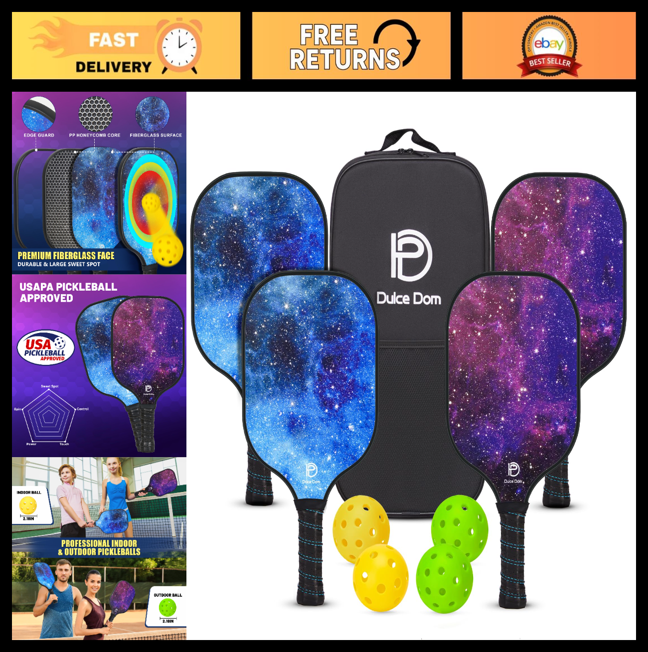Pickleball Paddles Set of 2/4 - USAPA Approved, Fiberglass/Graphite Rackets, Car0