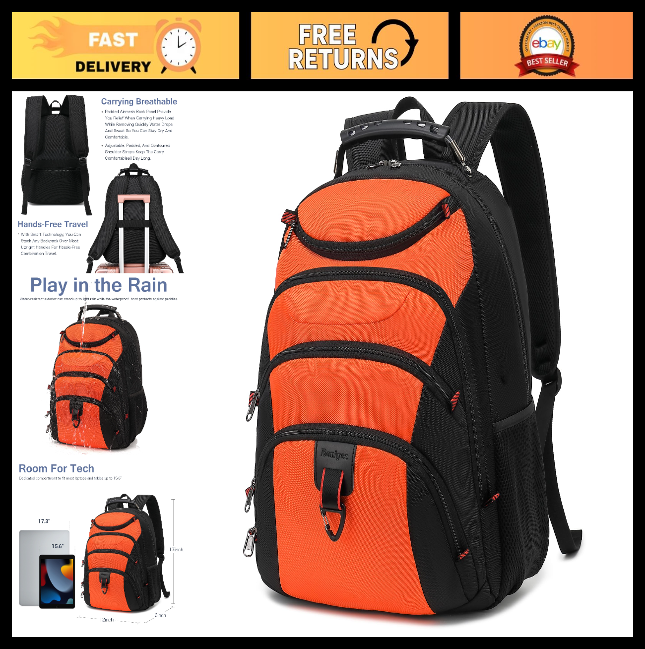 15.6" Waterproof Laptop Backpack with USB Port, Anti Theft Travel Bag, Orange/Bl0