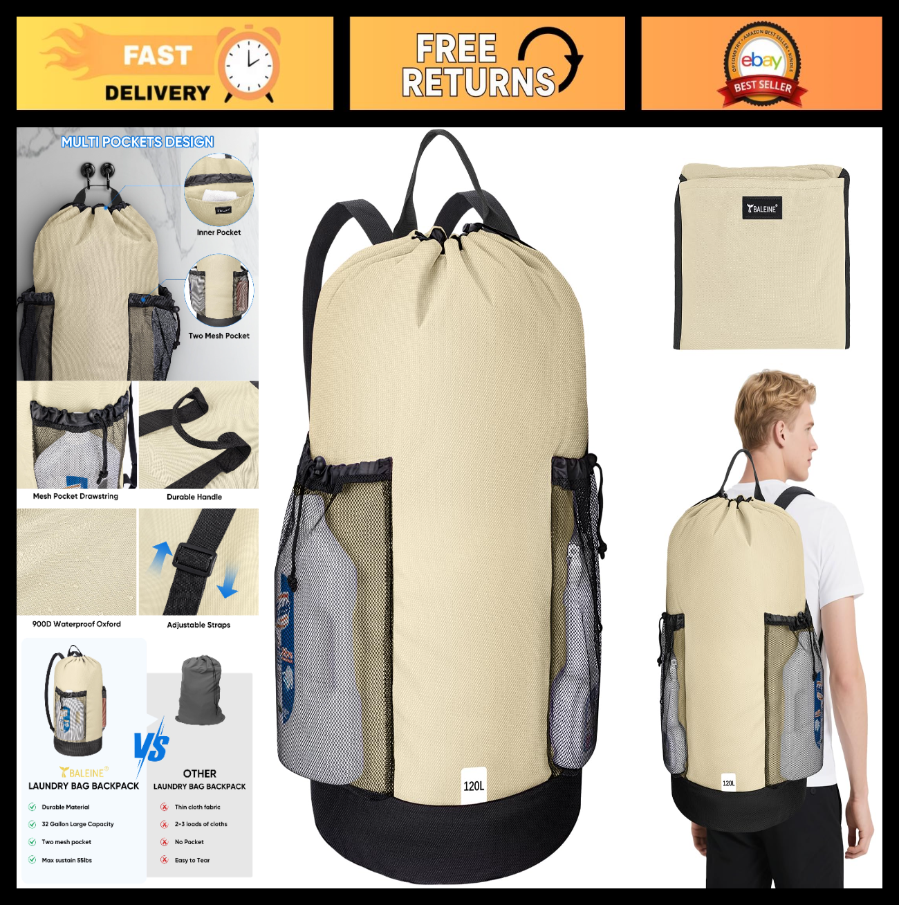 Large 120L Laundry Backpack Bag, Durable 900D Oxford, Mesh Pockets, College Use0