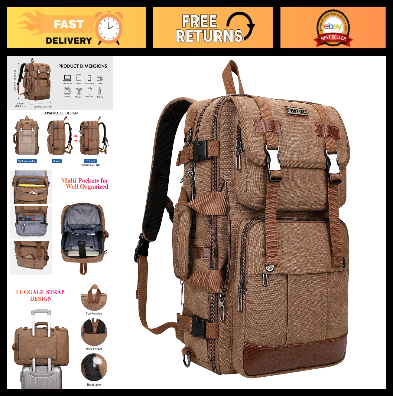 Large Canvas Travel Backpack for Men, Fits 16" Laptop, Durable & Stylish0