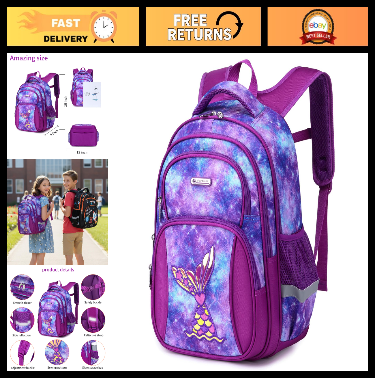 Girls 16in School Backpack for Ages 5 10, Durable Bookbag, Perfect Gift0