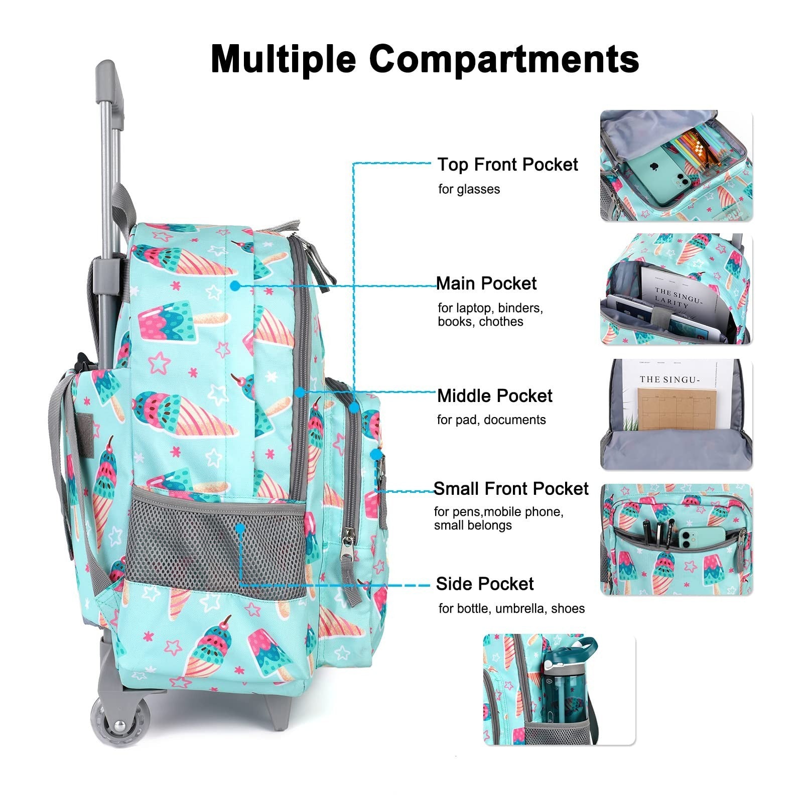 Wheeled Kids Backpack 18" with Lunch Bag, Double Handle, Ice Cream Green, Girls3
