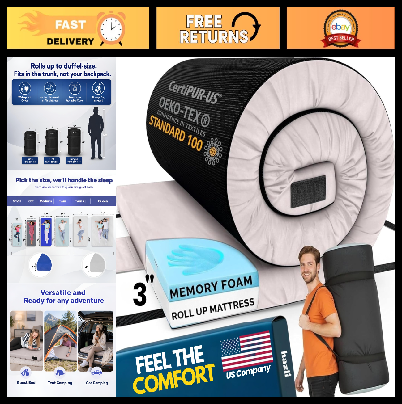 Memory Foam Camping Mattress Pad   Portable Roll Up Sleeping Mat for Adults   Ce0