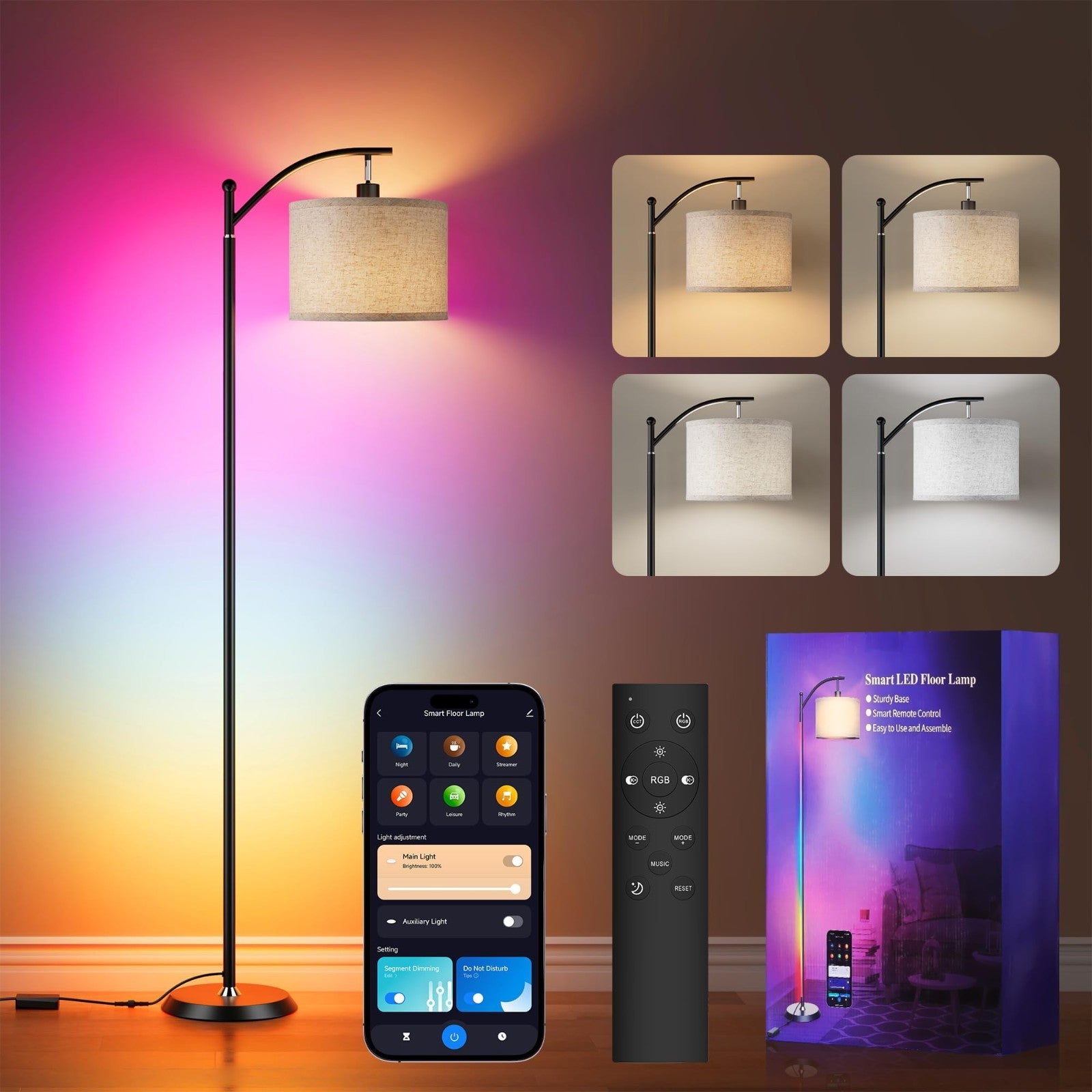 Color Changing Smart LED Corner Lamp with Linen Shade, Alexa Compatible, Music S1