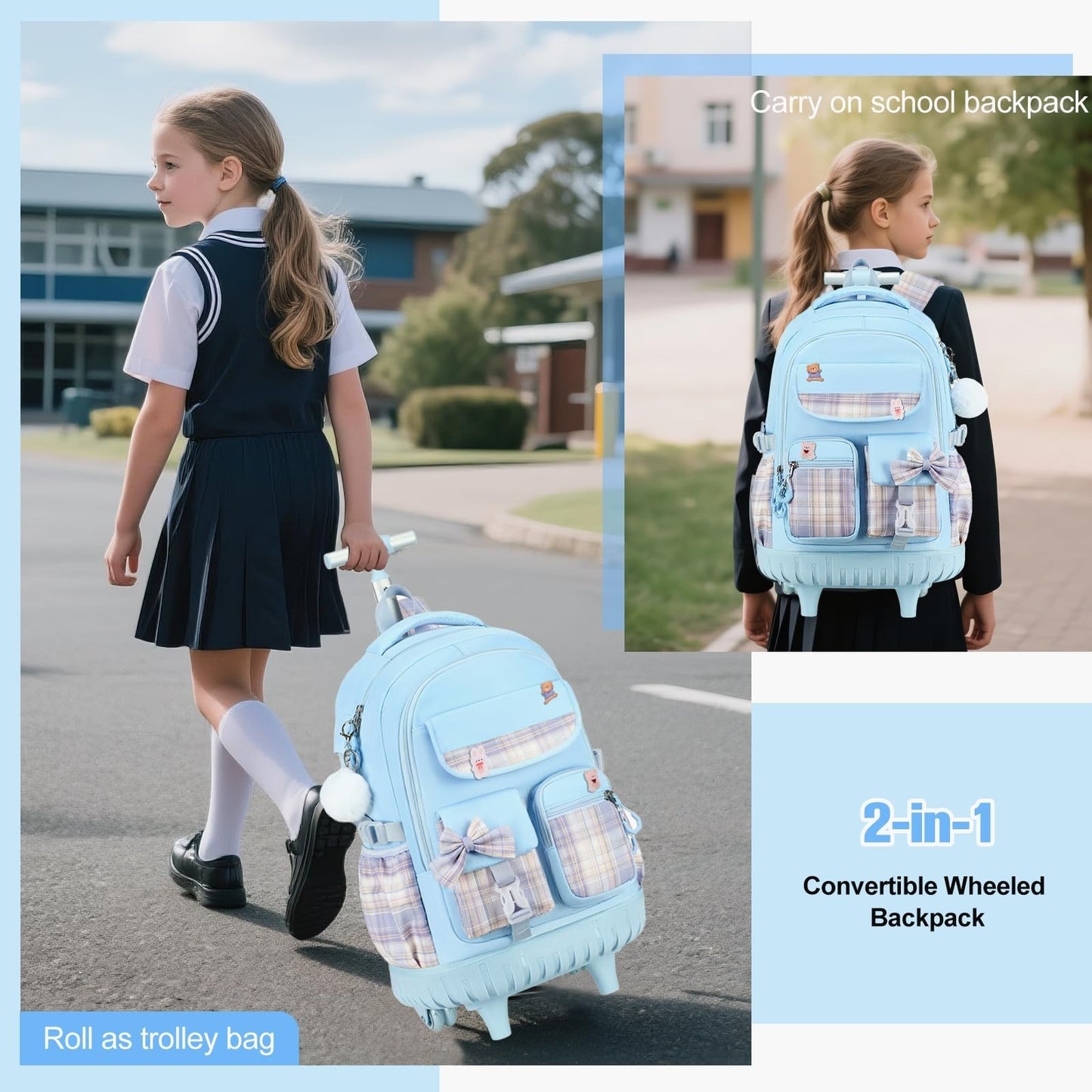 Rolling Backpack for Girls   Wheeled School Bag with Lunch Bag & Pencil Pouch, B6