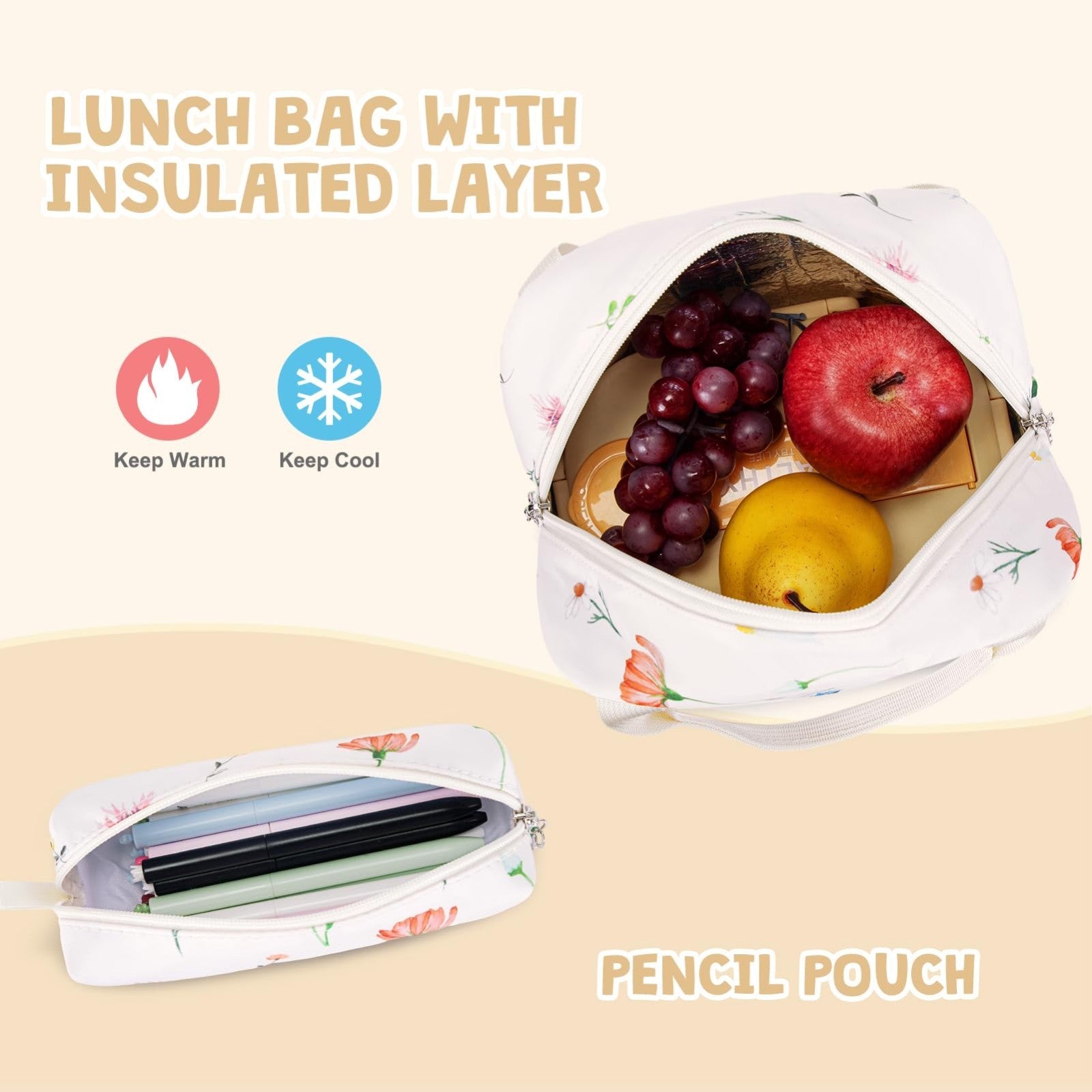 Stylish Girls Backpack with Lunch Bag & Pencil Pouch   Teen Laptop Bookbag, Beig5