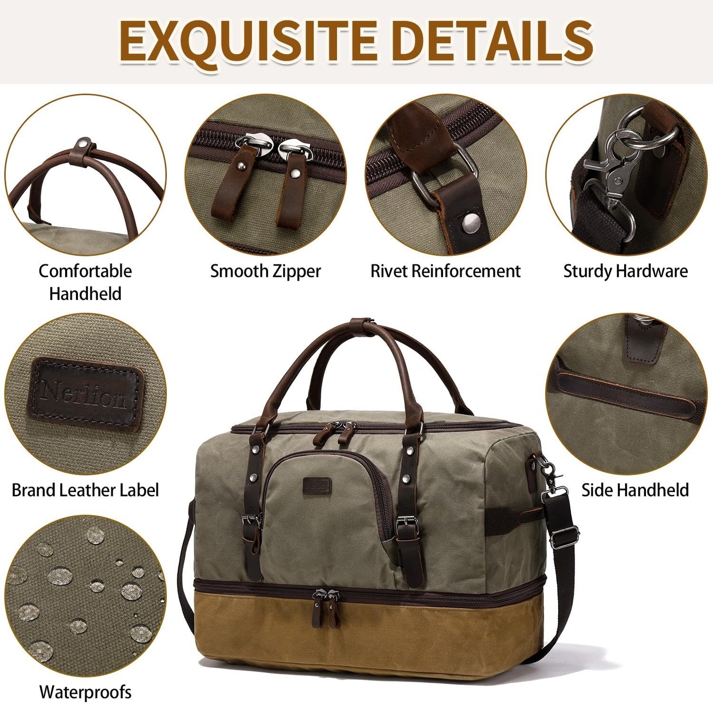Large Green Weekender Duffel Bag with Shoe Compartment & Leather Accents5