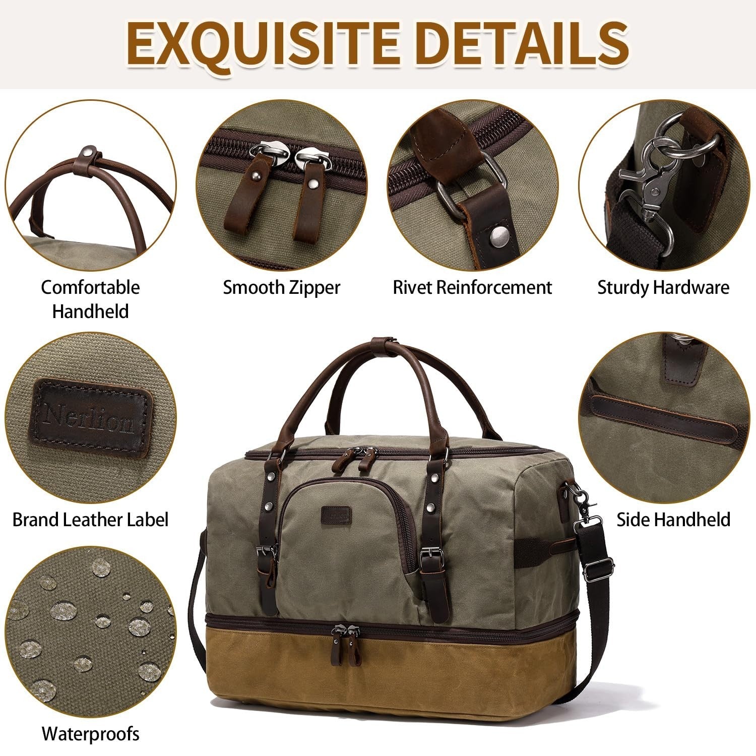 Large Green Weekender Duffel Bag with Shoe Compartment & Leather Accents5