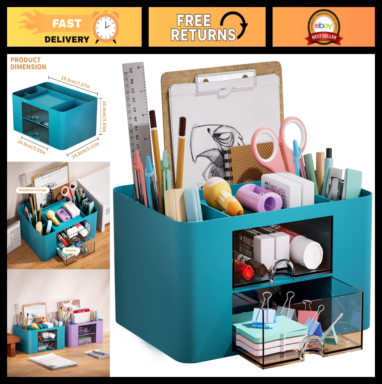 Multi Functional Desk Organizer with 2 Drawers, 5 Compartments for Art Supplies0