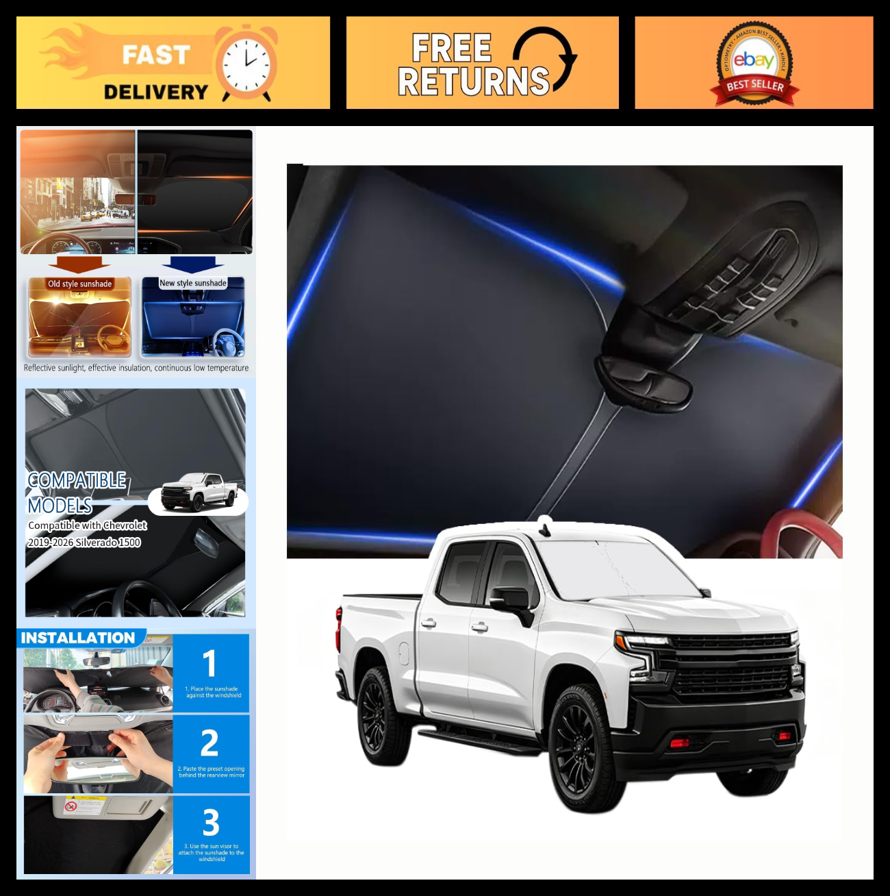Car Windshield Sun Shade for 2019-2026 Silverado 1500, Foldable Oxford Cloth Cov0