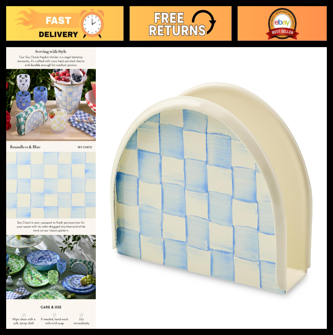 Light Blue & White Enamel Napkin Holder for Kitchen Table & Countertop Decor0