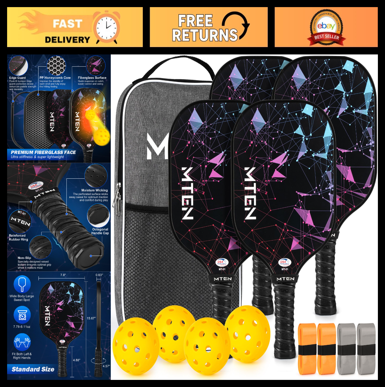 Pickleball Paddle Set of 2/4/1 - USAPA Approved Fiberglass Rackets, Lightweight0