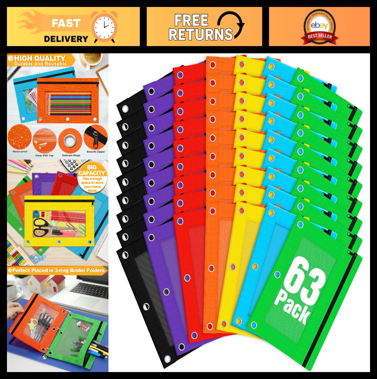 63 Pcs Clear Window Pencil Pouch for 3 Ring Binder, Smooth Zipper, School Suppli0