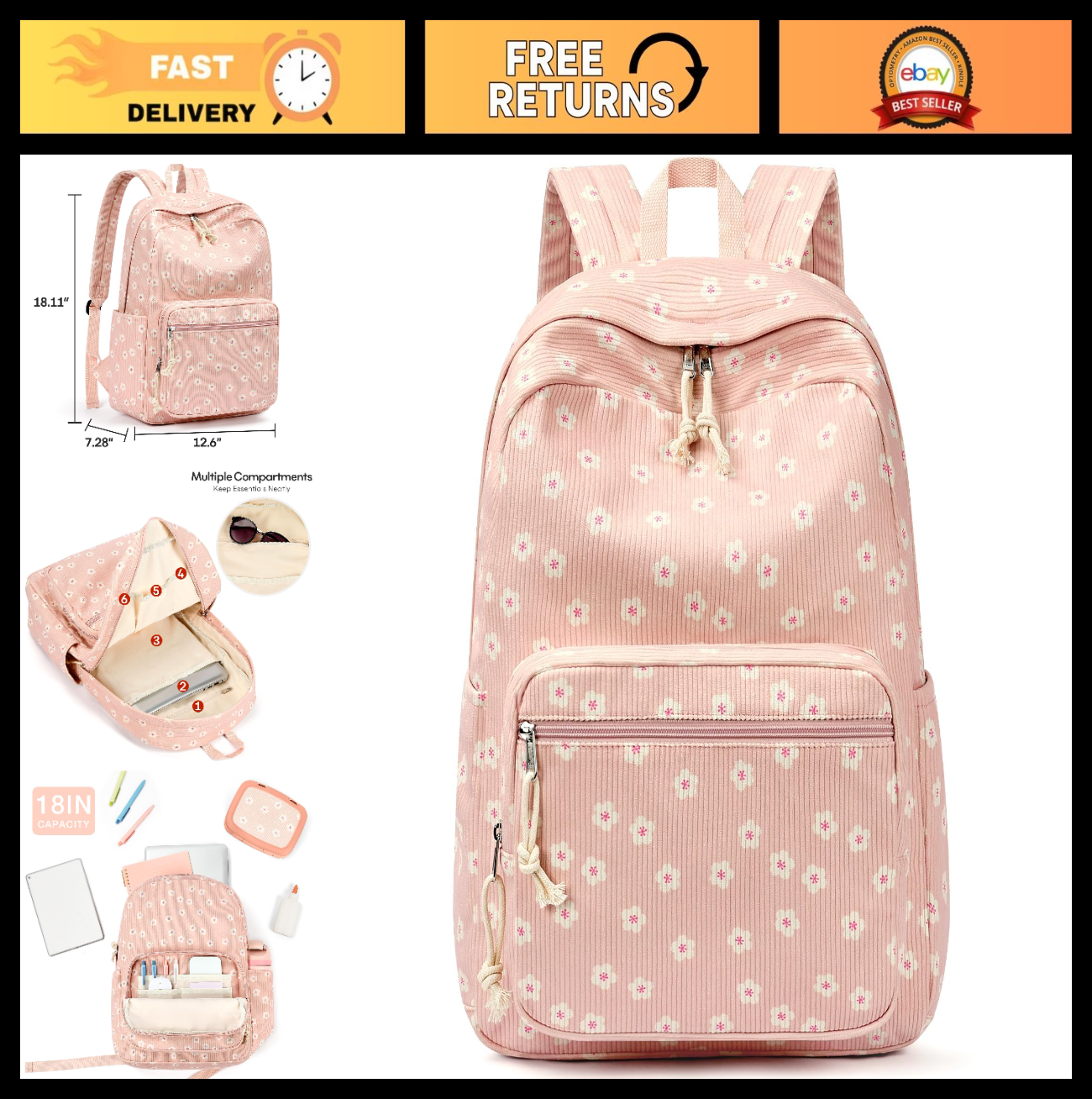 Adorable Preppy Corduroy Kids Backpack & Bookbag for Girls   School Essentials0