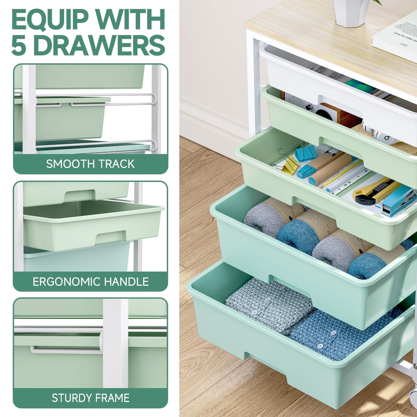5 Drawer Utility Cart with Wooden Top, Lockable Wheels, Rolling Craft Organizer,3