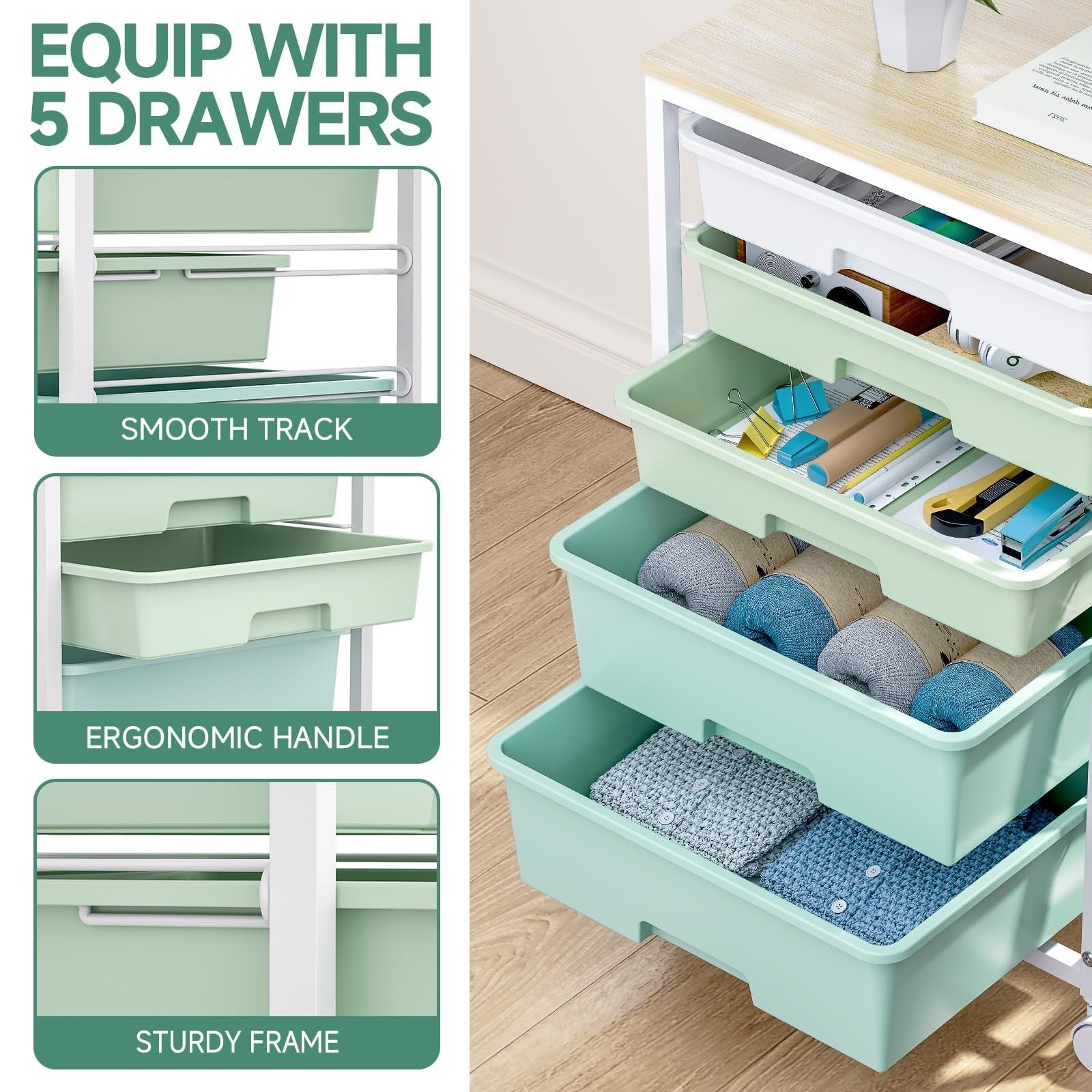 5 Drawer Utility Cart with Wooden Top, Lockable Wheels, Rolling Craft Organizer,3