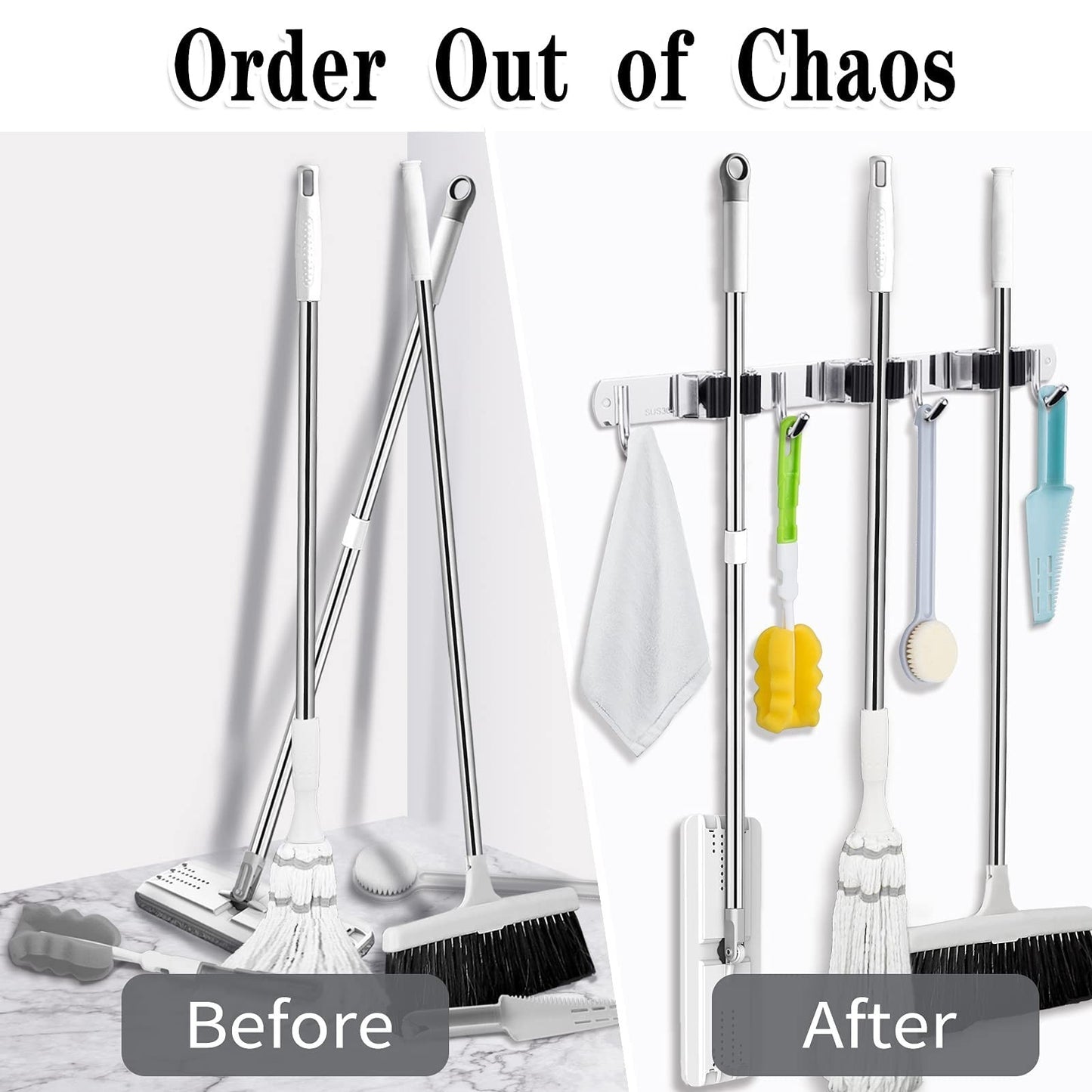 Heavy Duty Wall Mount Broom Holder - 3 Racks & 4 Hooks Mop Organizer Storage5